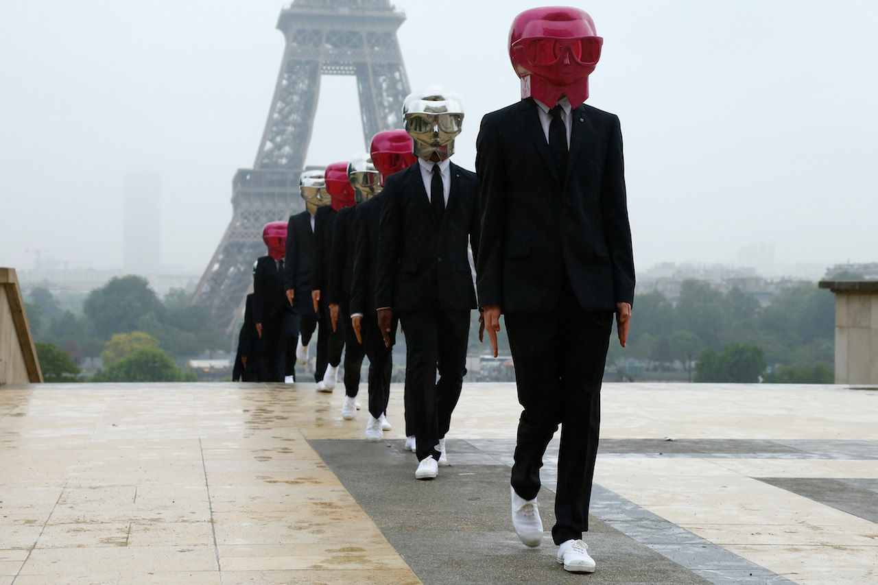 PARIS, FRANCE - MAY 14: Beauty Butlers Flashmob performs in front The Eiffel Tower at Trocadero as part of KARL LAGERFELD & ModelCo. product launch on May 14, 2018 in Paris, France. (Photo by Julien M. Hekimian/Getty Images for ModelCo)