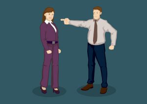 59380476 - cartoon woman worker scolded by boss and cried. vector illustration of being upset at work concept isolated on plain green background.