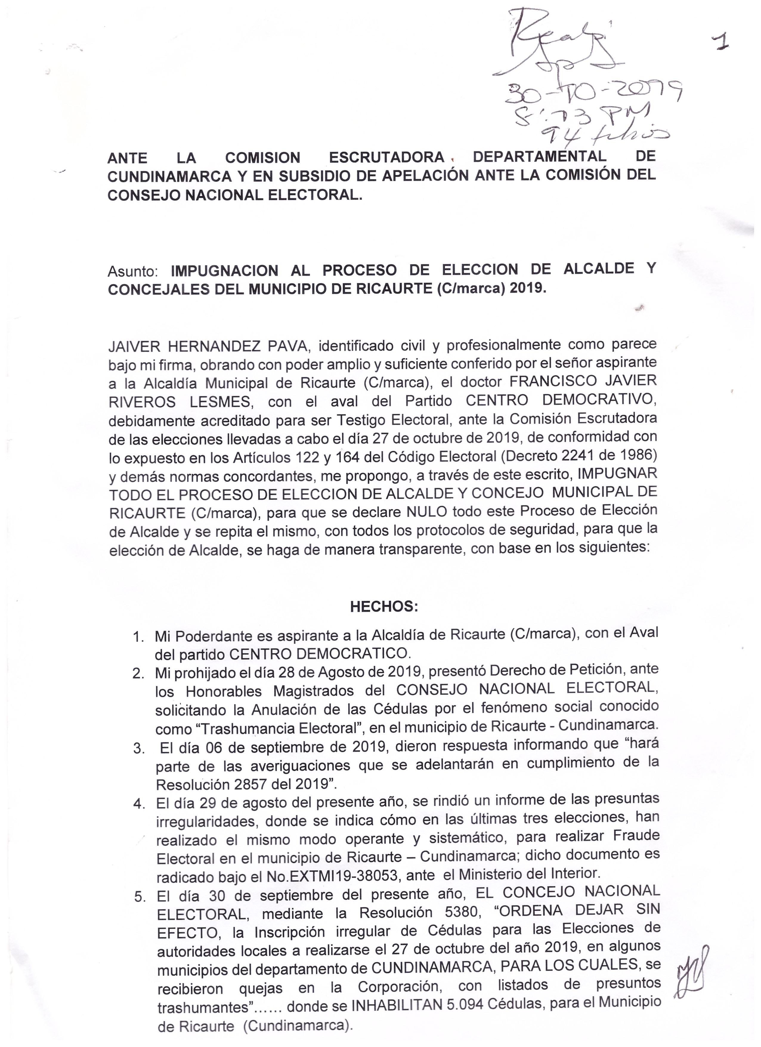 Impugnación al proceso de elección de Alcalde y concejales del municipio de Ricaurte (Cundinamarca) 2019. 