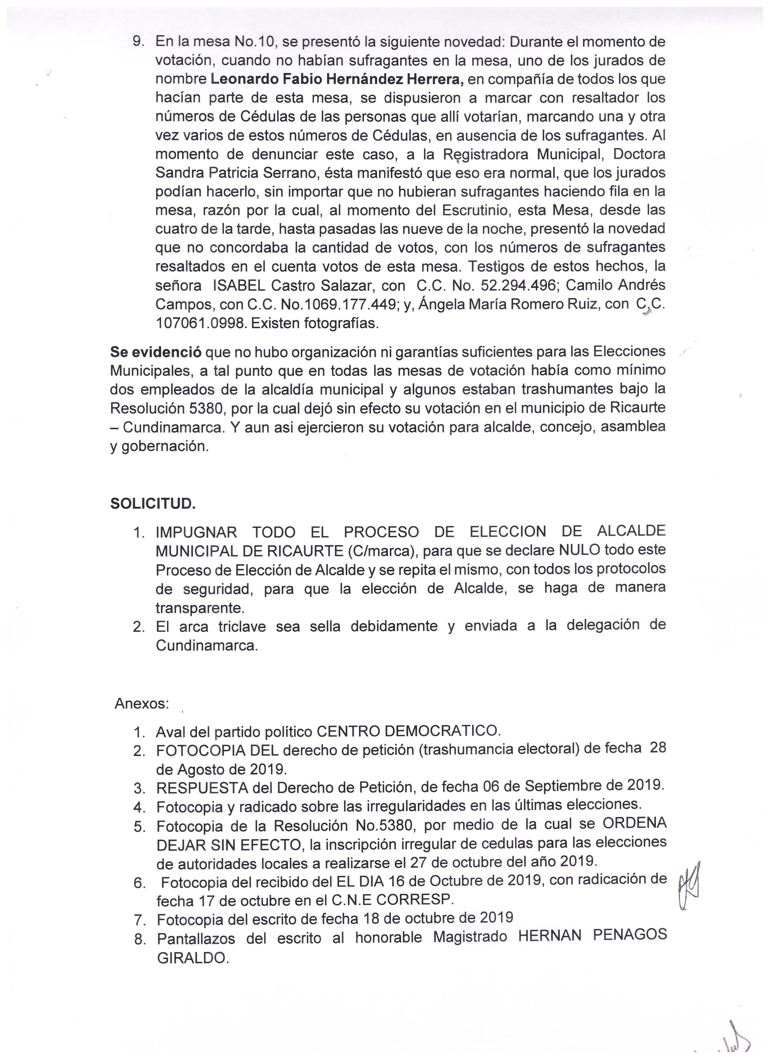 Impugnación al proceso de elección de Alcalde y concejales del municipio de Ricaurte (Cundinamarca) 2019.