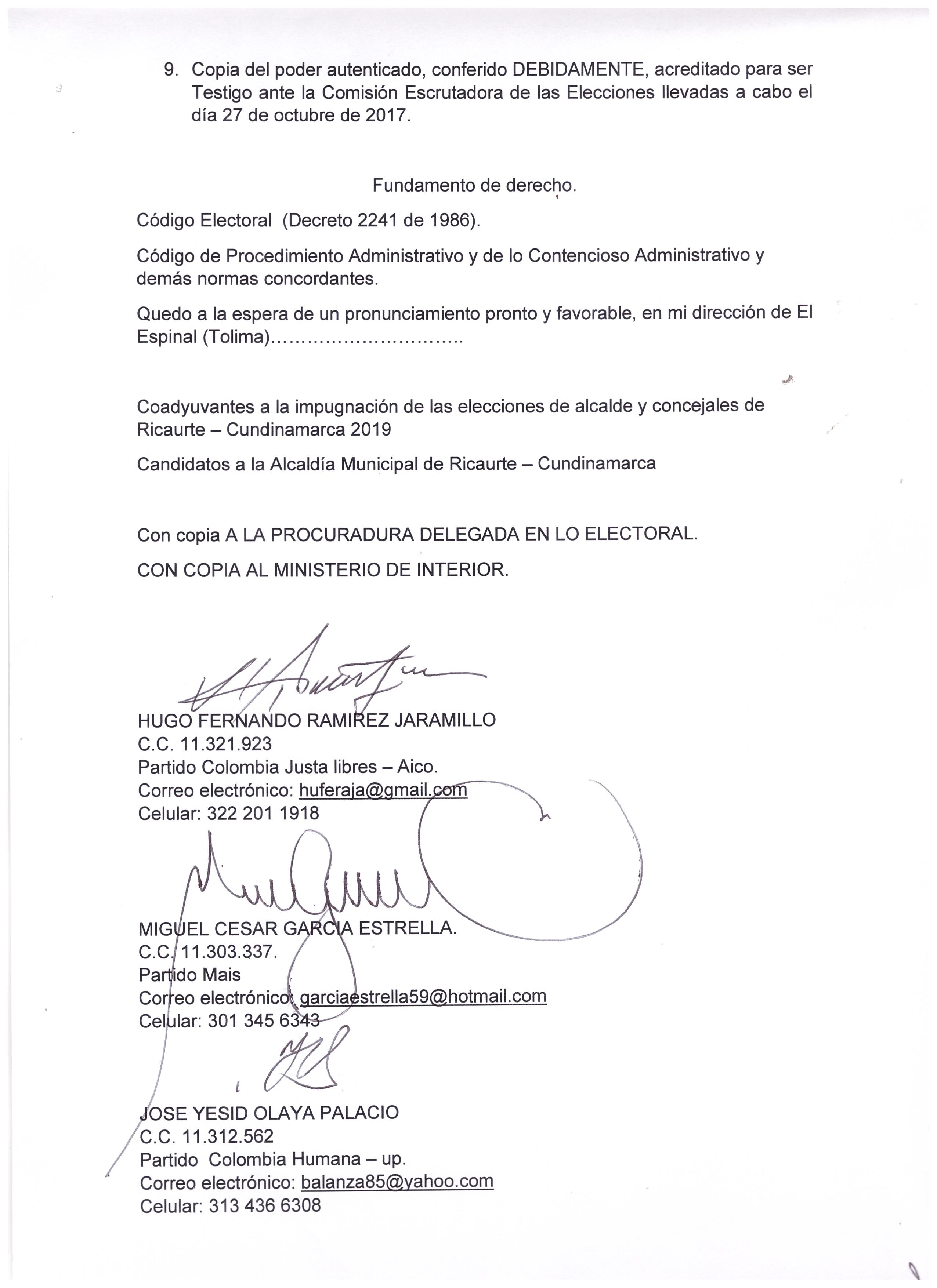 Impugnación al proceso de elección de Alcalde y concejales del municipio de Ricaurte (Cundinamarca) 2019.