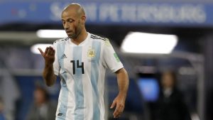 Argentina's Javier Mascherano reacts after an injuring during the group D match between Argentina and Nigeria, at the 2018 soccer World Cup in the St. Petersburg Stadium in St. Petersburg, Russia, Tuesday, June 26, 2018. (AP Photo/Petr David Josek)