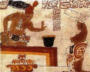 Representación del tamal en mural de Petén, 100 a.C. Tamales con salsa de chocolate.