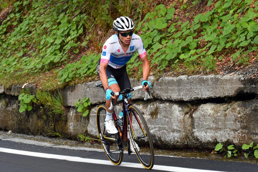 Colombia's rider of team Astana Miguel Angel Lopez climbs during the 18th stage between Abbiategrasso and Prato Nevoso during the 101st Giro d'Italia, Tour of Italy cycling race, on May 24, 2018. ..  Quick Step's German rider Max Schachmann won stage 18 of the Giro d'Italia after a 196km ride to a summit finish at Prato Nevoso. Schachmann had been part of an escape group that opened a lead of over 14 minutes on pink jersey Simon Yates and the other contenders at the start of the final climb..... / AFP / LUK BENIES..