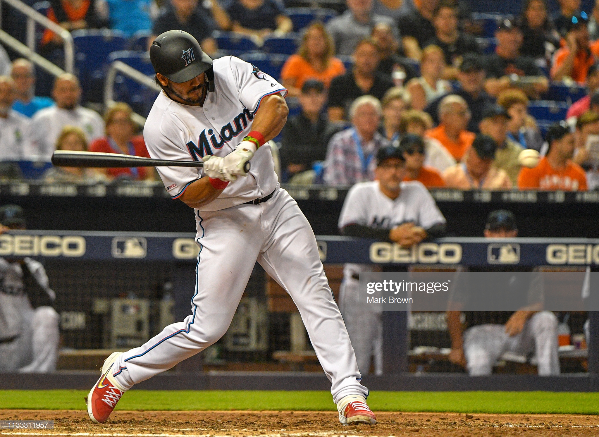 MIAMI, FL - MARCH 28: Jorge Alfaro #38 of the Miami Marlins at bat in the fifth inning against the Colorado Rockies during Opening Day at Marlins Park on March 28, 2019 in Miami, Florida. (Photo by Mark Brown/Getty Images)