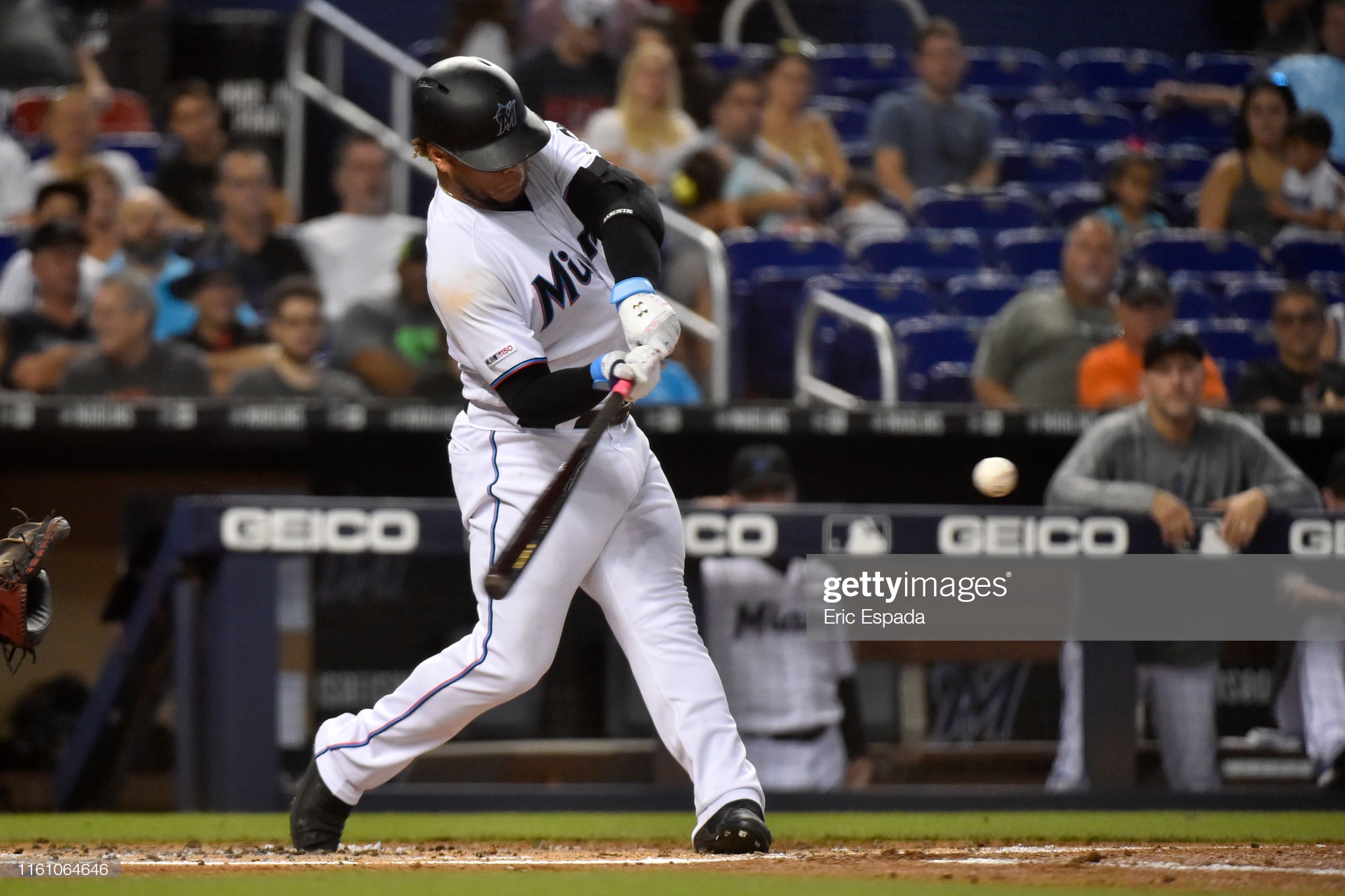 MIAMI, FL - AUGUST 11: Harold Ramirez #47 of the Miami Marlins hits an RBI double in the first inning against the Atlanta Braves at Marlins Park on August 11, 2019 in Miami, Florida. (Photo by Eric Espada/Getty Images)
