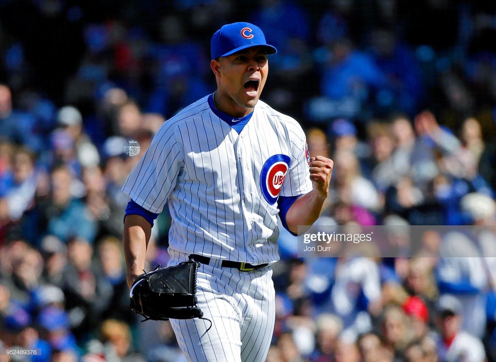 CHICAGO, IL - APRIL 28: Jose Quintana #62 of the Chicago Cubs reacts after striking out Jonathan Villar #5 of the Milwaukee Brewers (not pictured) to end the seventh inning at Wrigley Field on April 28, 2018 in Chicago, Illinois. (Photo by Jon Durr/Getty Images)