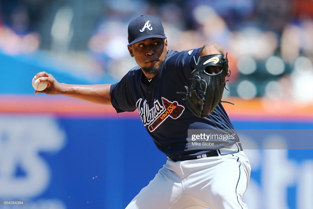 NEW YORK, NY - MAY 03: Julio Teheran #49 of the Atlanta Braves pitches in the second inning against the New York Mets at Citi Field on May 3, 2018 in the Flushing neighborhood of the Queens borough of New York City. (Photo by Mike Stobe/Getty Images)