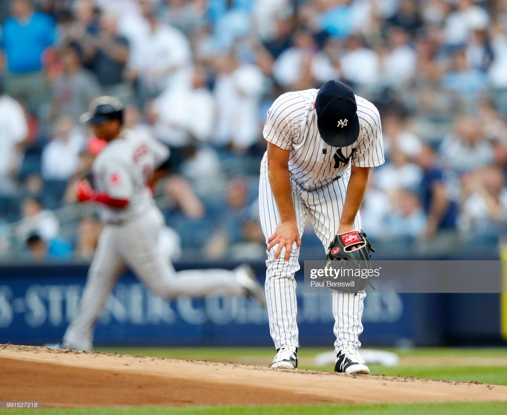 NEW YORK, NY - JUNE 30: Pitcher Sonny Gray #55 of the New York Yankees reacts to giving up a grand slam home run to Rafael Devers in the first inning of an MLB baseball game against the Boston Red Sox on June 30, 2018 at Yankee Stadium in the Bronx borough of New York City. Boston won 11-0. (Photo by Paul Bereswill/Getty Images)