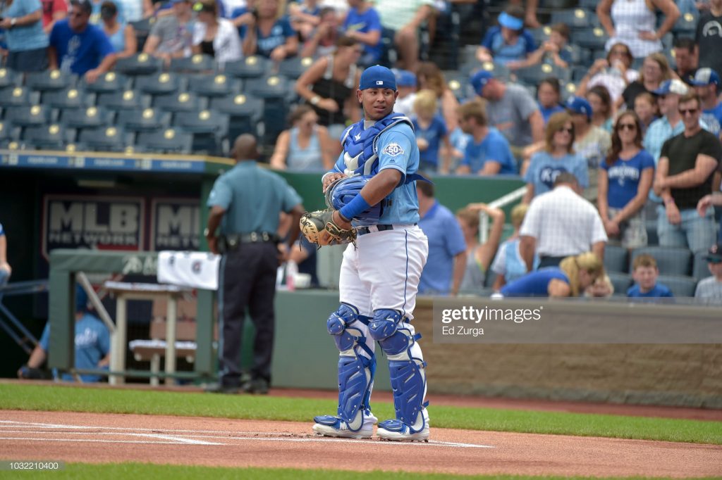 KANSAS CITY, MO - SEPTEMBER 2: Meibrys Viloria #72 of the Kansas City Royals waits behind the plate for a start of game against the Baltimore Orioles at Kauffman Stadium on September 2, 2018 in Kansas City, Missouri. (Photo by Ed Zurga/Getty Images)