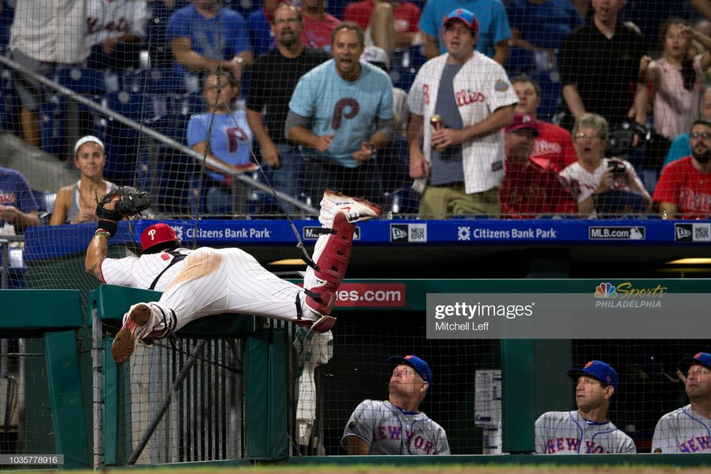 PHILADELPHIA, PA - SEPTEMBER 18: Jorge Alfaro #38 of the Philadelphia Phillies catches a foul ball hit by Amed Rosario #1 of the New York Mets (not pictured) in the top of the third inning at Citizens Bank Park on September 18, 2018 in Philadelphia, Pennsylvania. (Photo by Mitchell Leff/Getty Images)