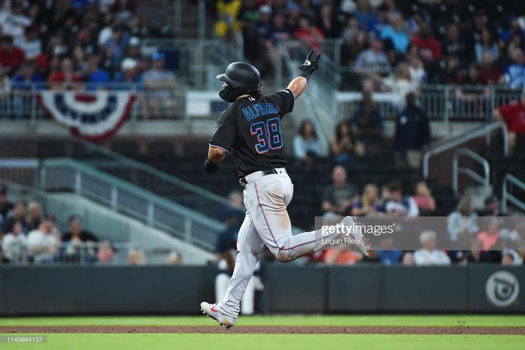 ATLANTA, GEORGIA - APRIL 06: Jorge Alfaro #38 of the Miami Marlins celebrates while rounding the bases after hitting a home run against the Atlanta Braves at SunTrust on April 06, 2019 in Atlanta, Georgia. (Photo by Logan Riely/Getty Images)