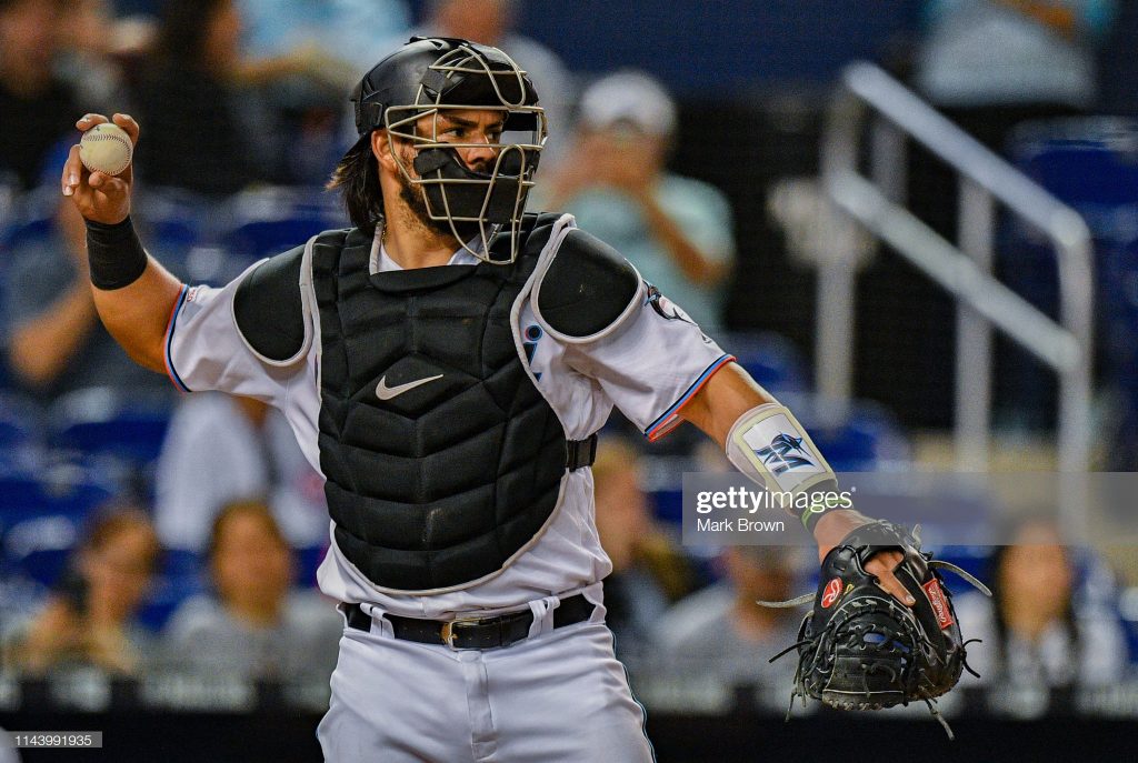 MIAMI, FL - APRIL 17: Jorge Alfaro #38 of the Miami Marlins in action against the Chicago Cubs at Marlins Park on April 17, 2019 in Miami, Florida. (Photo by Mark Brown/Getty Images)