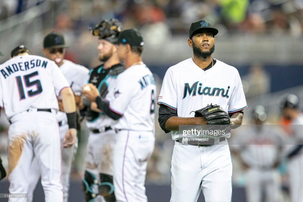 Miami Marlins relief pitcher Tayron Guerrero (56) leaves the mound after being replaced by Austin Brice (37) during the seventh inning against the Atlanta Braves on Sunday, June 9, 2019 at Marlins Park in Miami, Fla. (Daniel A. Varela/Miami Herald/Tribune News Service via Getty Images)