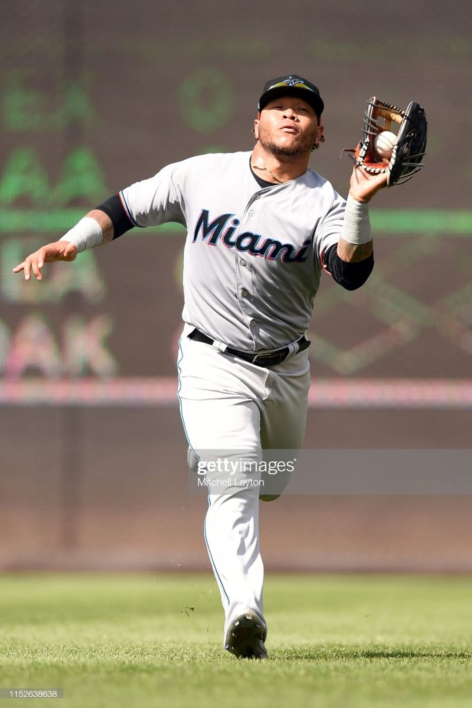 WASHINGTON, DC - MAY 26: Harold Ramirez #47 of the Miami Marlins catches a fly ball during a baseball game against the Washington Nationals at Nationals Park on May 26, 2019 in Washington. DC. (Photo by Mitchell Layton/Getty Images)
