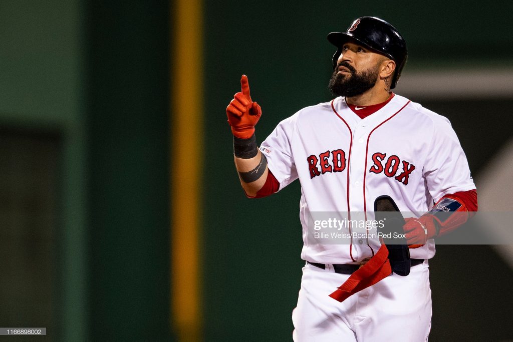 BOSTON, MA - SEPTEMBER 8: Sandy Leon #3 of the Boston Red Sox reacts after hitting an RBI double during the fourth inning of a game against the New York Yankees on September 8, 2019 at Fenway Park in Boston, Massachusetts. (Photo by Billie Weiss/Boston Red Sox/Getty Images)