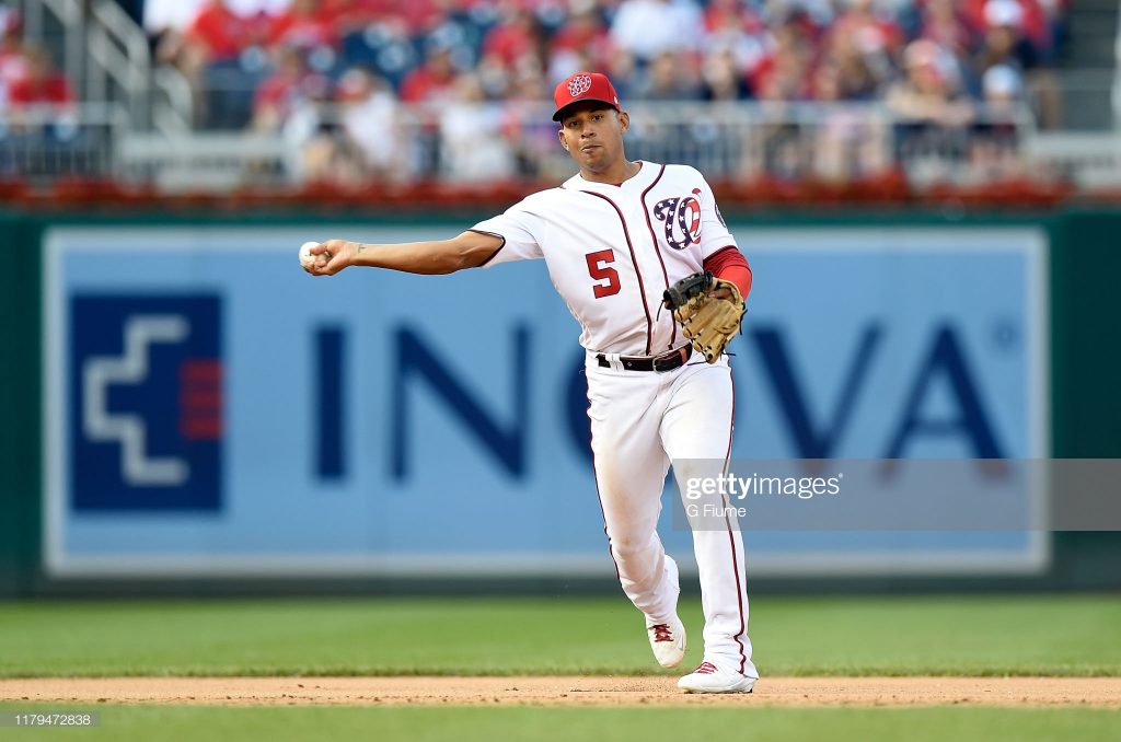 WASHINGTON, DC - SEPTEMBER 29: Adrian Sanchez #5 of the Washington Nationals throws the ball to first base against the Cleveland Indians at Nationals Park on September 29, 2019 in Washington, DC. (Photo by G Fiume/Getty Images)