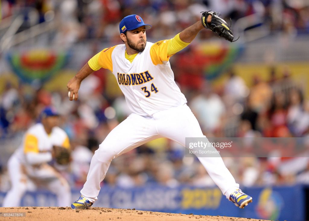MIAMI, FL - MARCH 12: Colombia pitcher Nabil Crismatt (34) in action during the World Baseball Classic, 1st Round, Pool C game between the Dominican Republic and Colombia at Marlins Park in Miami, FL. (Photo by Juan Salas/Icon Sportswire via Getty Images)