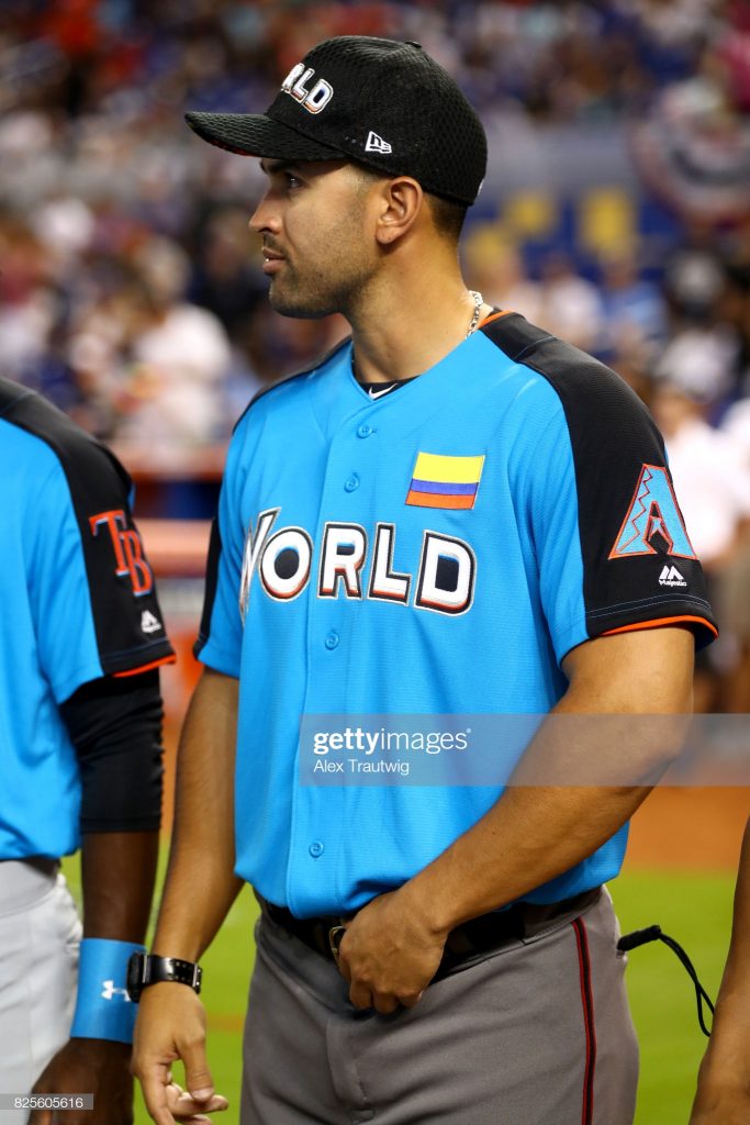 MIAMI, FL - JULY 9: Coach Luis Urueta of the World Team looks on during player introductions prior to the SirusXM All-Star Futures Game at Marlins Park on Sunday, July 9, 2017 in Miami, Florida. (Photo by Alex Trautwig/MLB via Getty Images)