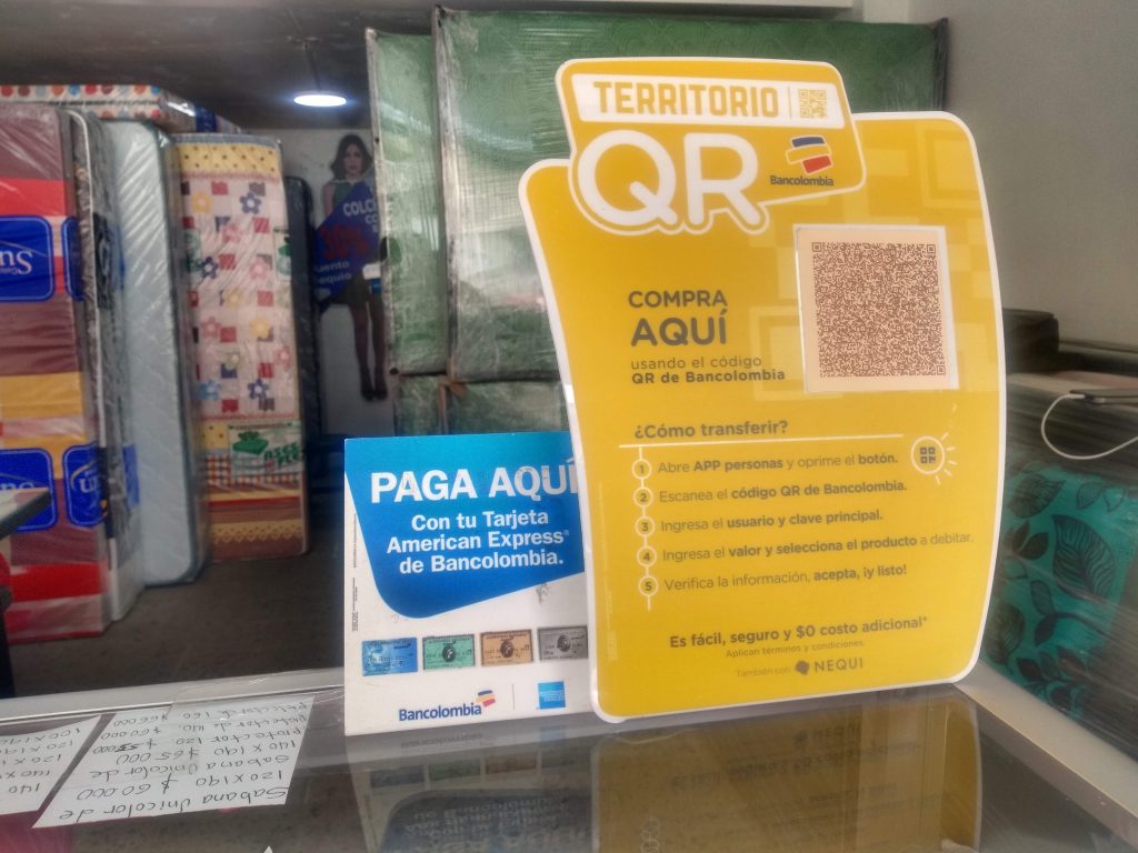 Paying via QR codes in Bogotá, Colombia. Soon enough, if you don't have a smartphone, practically everything will be off limits. 