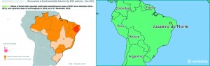 A la izquierda, un mapa que indica en amarillo las zonas  donde se reportan casos de zika, en rojo los casos de microcefalia en bebés. A la derecha, un mapa con la ubicación de Juazeiro, epicentro de liberación de zancudos transgénicos.  