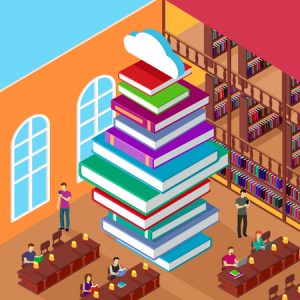 45906273 - isometric library. stack books. concept knowledge. education and study, learn university, people read, shelf and heap literature, reading and reader illustration