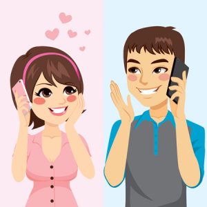 53794085 - cute young lovers talking with phone starting relationship