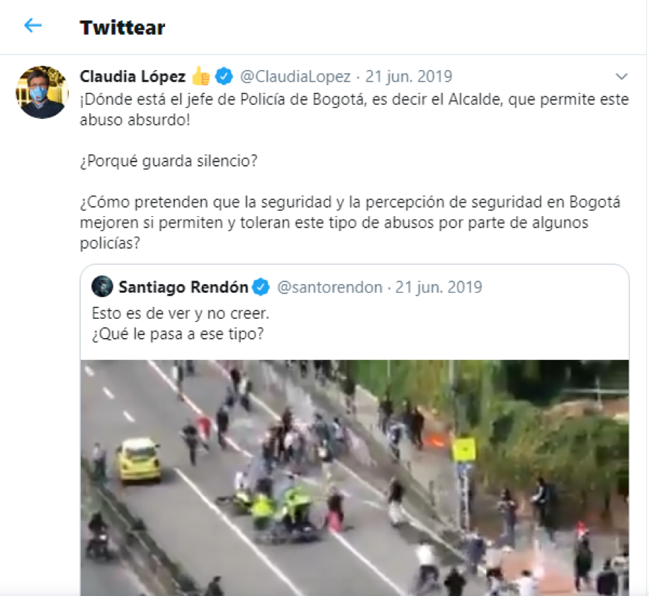 Trino de Claudia López cuando Enrique Peñalosa era alcalde de Bogotá - tomado de su cuenta de Twitter