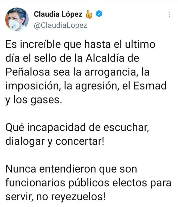 Trino de Claudia López cuando Enrique Peñalosa era alcalde de Bogotá - tomado de su cuenta de Twitter