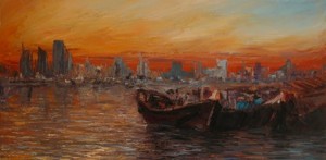 6 Dhows at Sunset,2007,Oil on Canvas,18x36',46x92cm