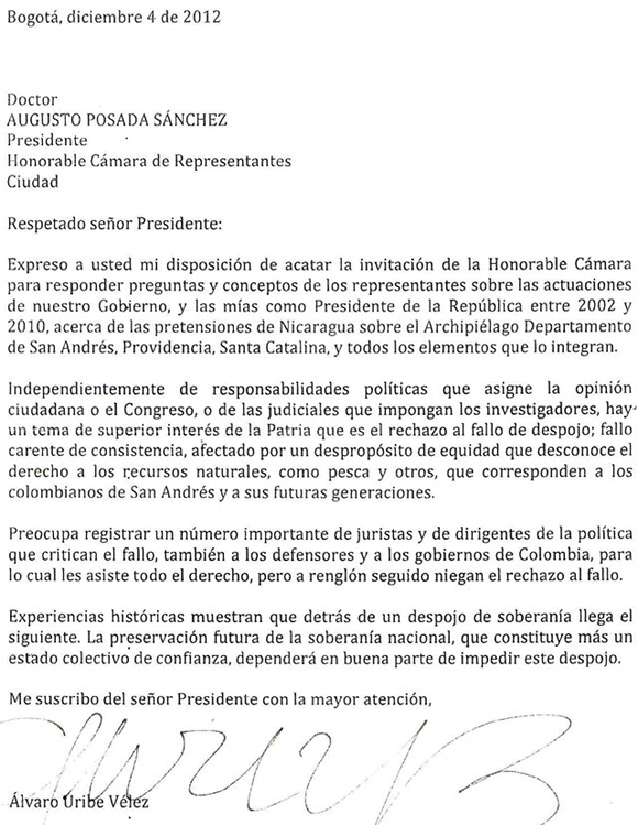 Carta de Uribe a la Camara