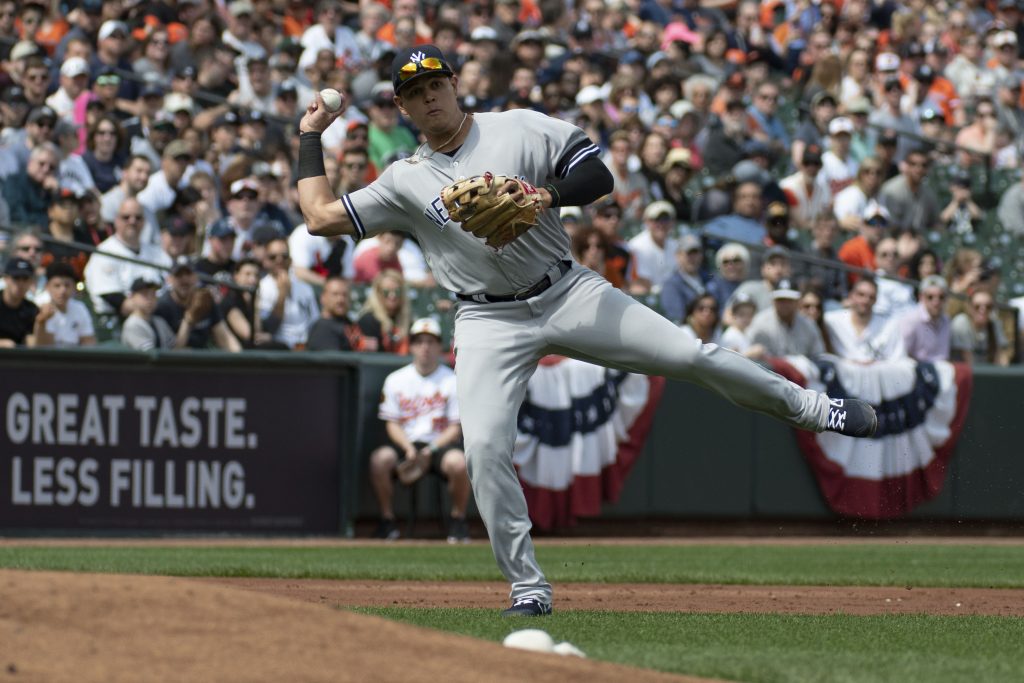 Apr 7, 2019; Baltimore, MD, USA; New York Yankees third baseman Gio Urshela (29) throws to first base during the third inning against the Baltimore Orioles at Oriole Park at Camden Yards. Mandatory Credit: Tommy Gilligan-USA TODAY Sports