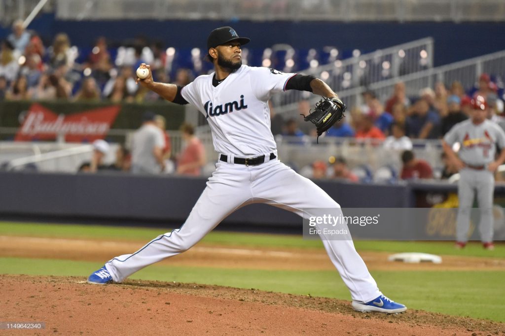 MIAMI, FL - JUNE 12: Tayron Guerrero #56 of the Miami Marlins throws a pitch during the ninth inning against the St. Louis Cardinals at Marlins Park on June 12, 2019 in Miami, Florida. (Photo by Eric Espada/Getty Images)