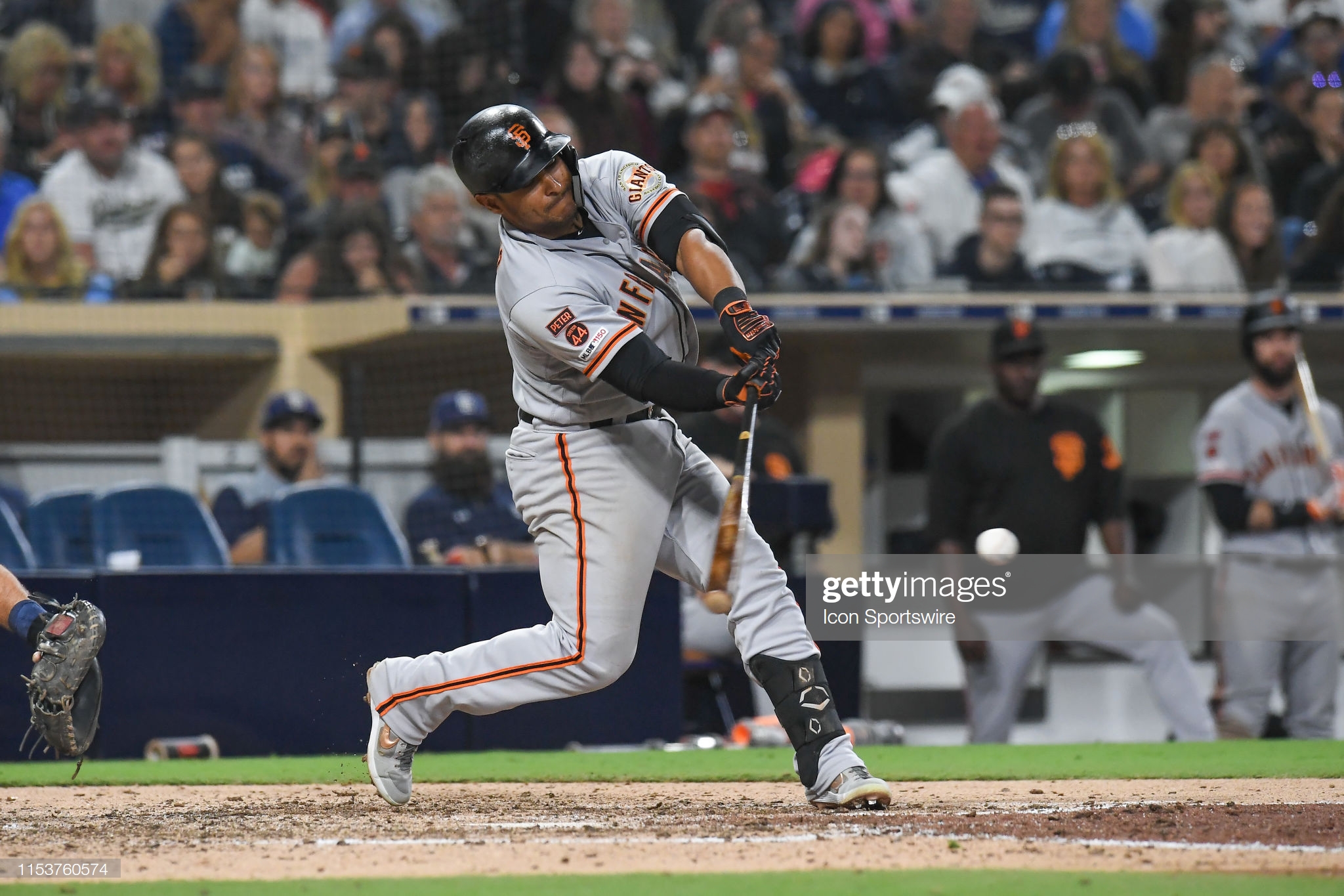 SAN DIEGO, CA - JULY 03: San Francisco Giants infielder Donovan Solano (7) hits a pitch during a MLB game between the San Francisco Giants and the San Diego Padres on July 03, 2019, at Petco Park in San Diego CA. (Photo by Justin Fine/Icon Sportswire via Getty Images)