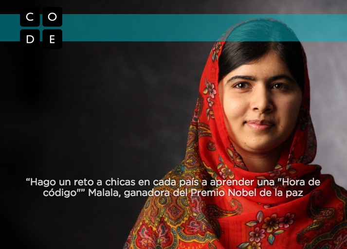 Foto de Malala invitando a aprender código
