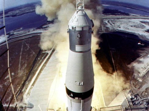 (FILES) This 16 July 1969 file photo released by NASA shows the Saturn V rocket lifting off from launch pad 39A at the Kennedy Space Center at the start of the Apollo 11 lunar landing mission. Astronauts Neil Armstrong, Edwin E. "Buzz" Aldrin, Jr., and Michael Collins blasted off for the first man on the Moon mission. AFP PHOTO NASA