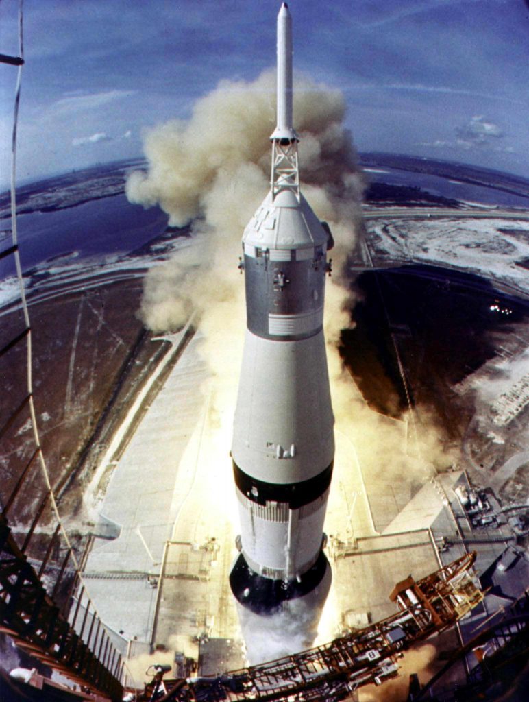 (FILES) This 16 July 1969 file photo released by NASA shows the Saturn V rocket lifting off from launch pad 39A at the Kennedy Space Center at the start of the Apollo 11 lunar landing mission. Astronauts Neil Armstrong, Edwin E. "Buzz" Aldrin, Jr., and Michael Collins blasted off for the first man on the Moon mission. AFP PHOTO NASA