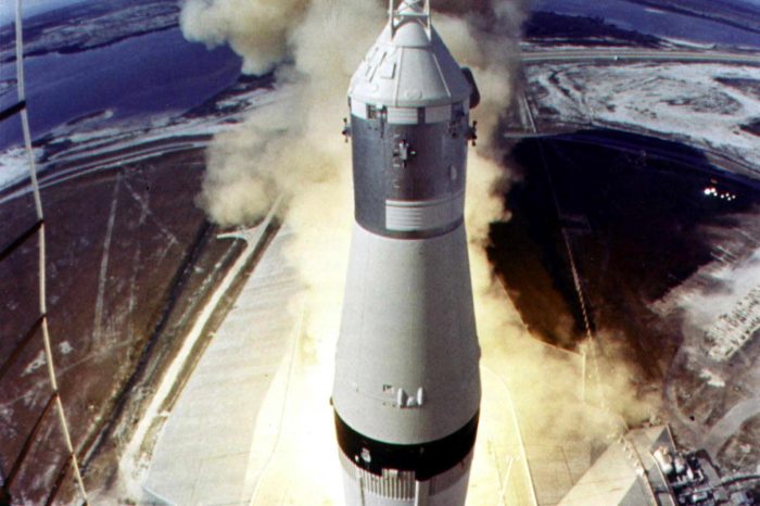 (FILES) This 16 July 1969 file photo released by NASA shows the Saturn V rocket lifting off from launch pad 39A at the Kennedy Space Center at the start of the Apollo 11 lunar landing mission. Astronauts Neil Armstrong, Edwin E. "Buzz" Aldrin, Jr., and Michael Collins blasted off for the first man on the Moon mission. AFP PHOTO NASA