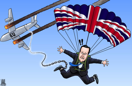 Cameron and the UK: Finally set to jump free of the EU? (Image from truthdig.com.)