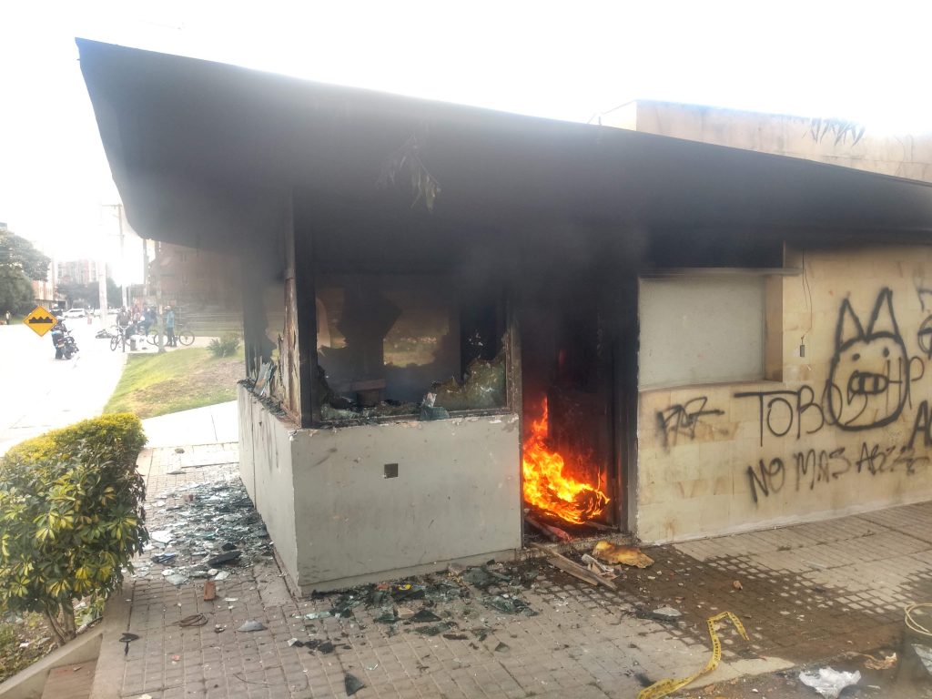 A police Immediate Attention Centre, or CAI in its Spanish initials, burns after anti-police protests in Bogotá, Colombia.