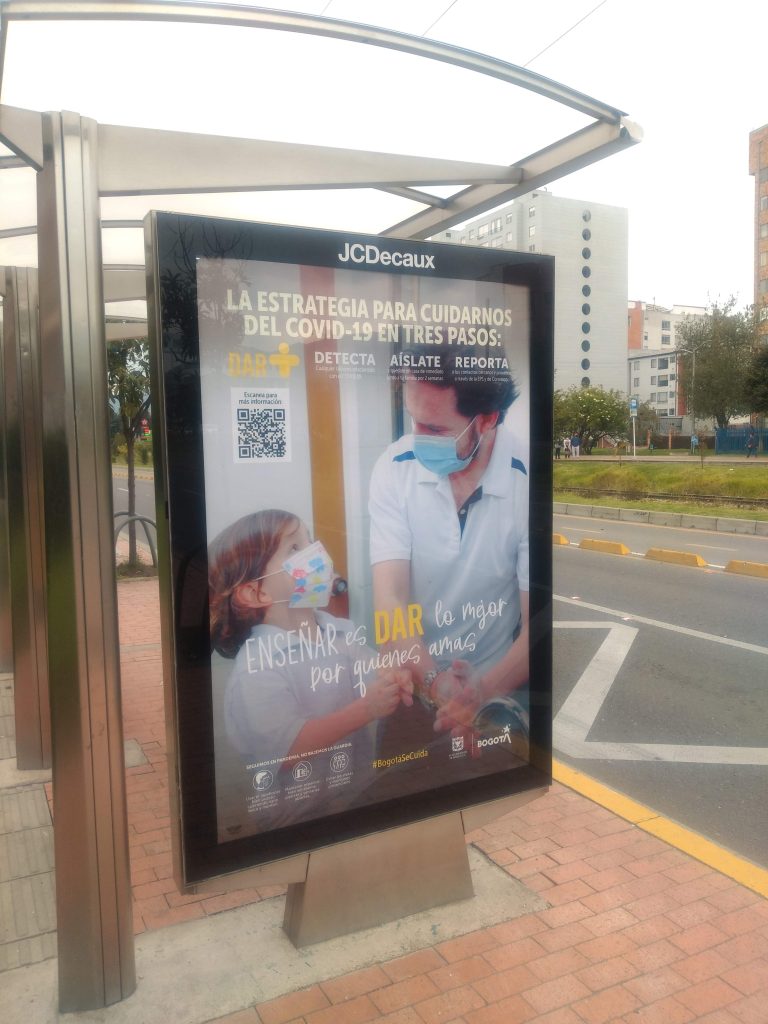 A government advertising in Bogotá, Colombia with information about how to stop the spread of of covid-19.