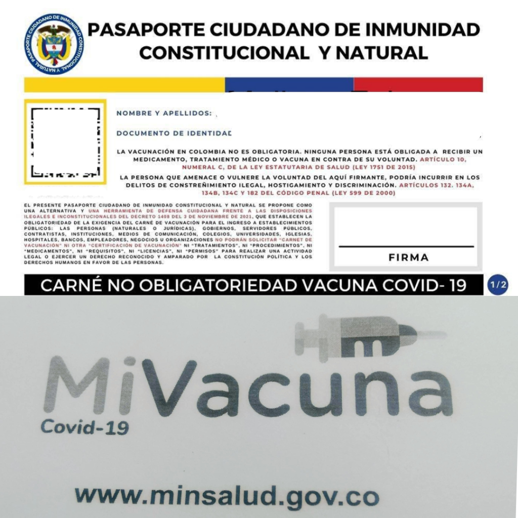 When two tribes go to war: On top is a "passport" claiming constitutional immunity to the covid-19 vaccine and natural immunity to the infection itself. Below it is a page from the Colombian government's vaccine certificate.
