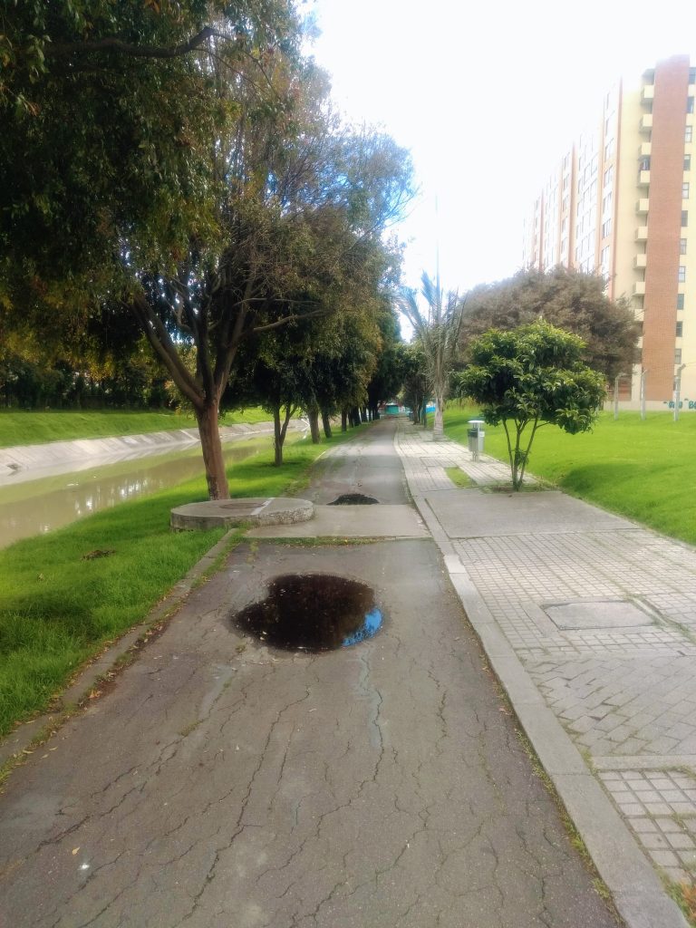 Cycle lanes in a state of disrepair in Bogotá, Colombia.